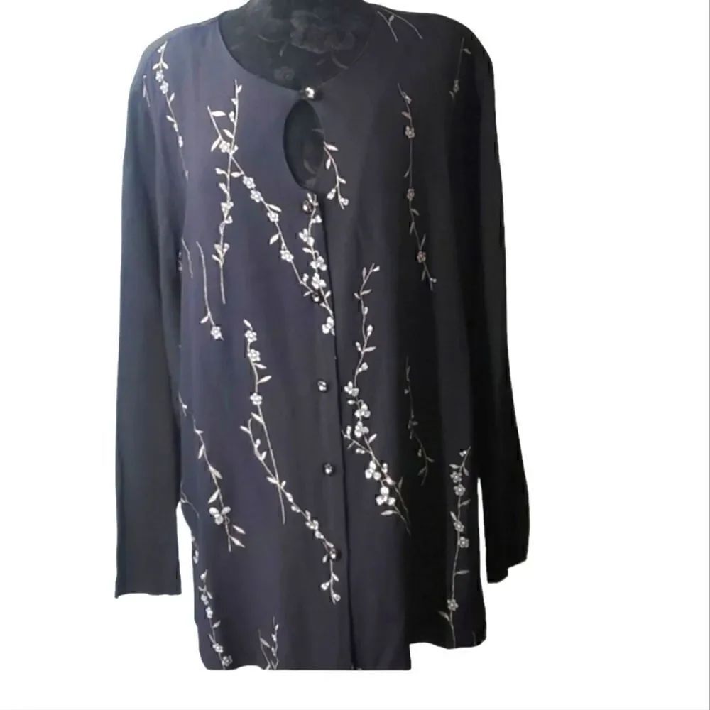 Expose Vintage Blouse With Metallic Floral Print Size 22 Navy Blue/Black